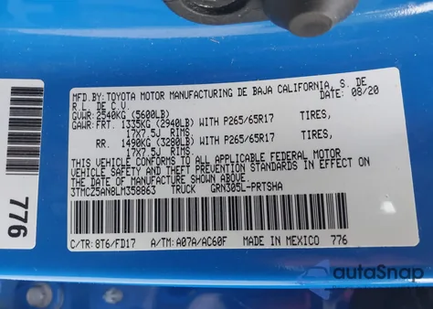 2020 Toyota Tacoma Trd Sport из США, поврежденный, VIN 3TMCZ5AN8LM358863